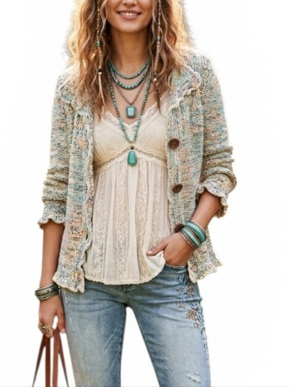 BCBGMAXAZRIA Marled Knit Cardigan Sweater Large Multi Color Ruffle Trim L